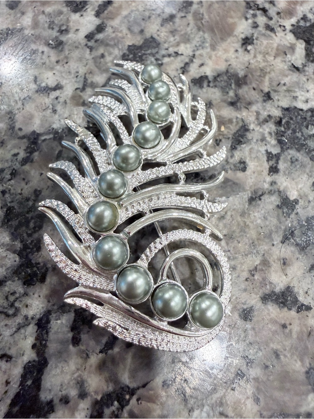 Sarah Coventry Silver-Tone Faux Pearl Feather Brooch